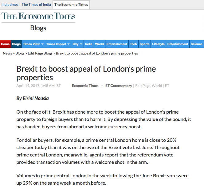 ECONOMIC TIMES OF INDIA - Brexit to boost appeal of London